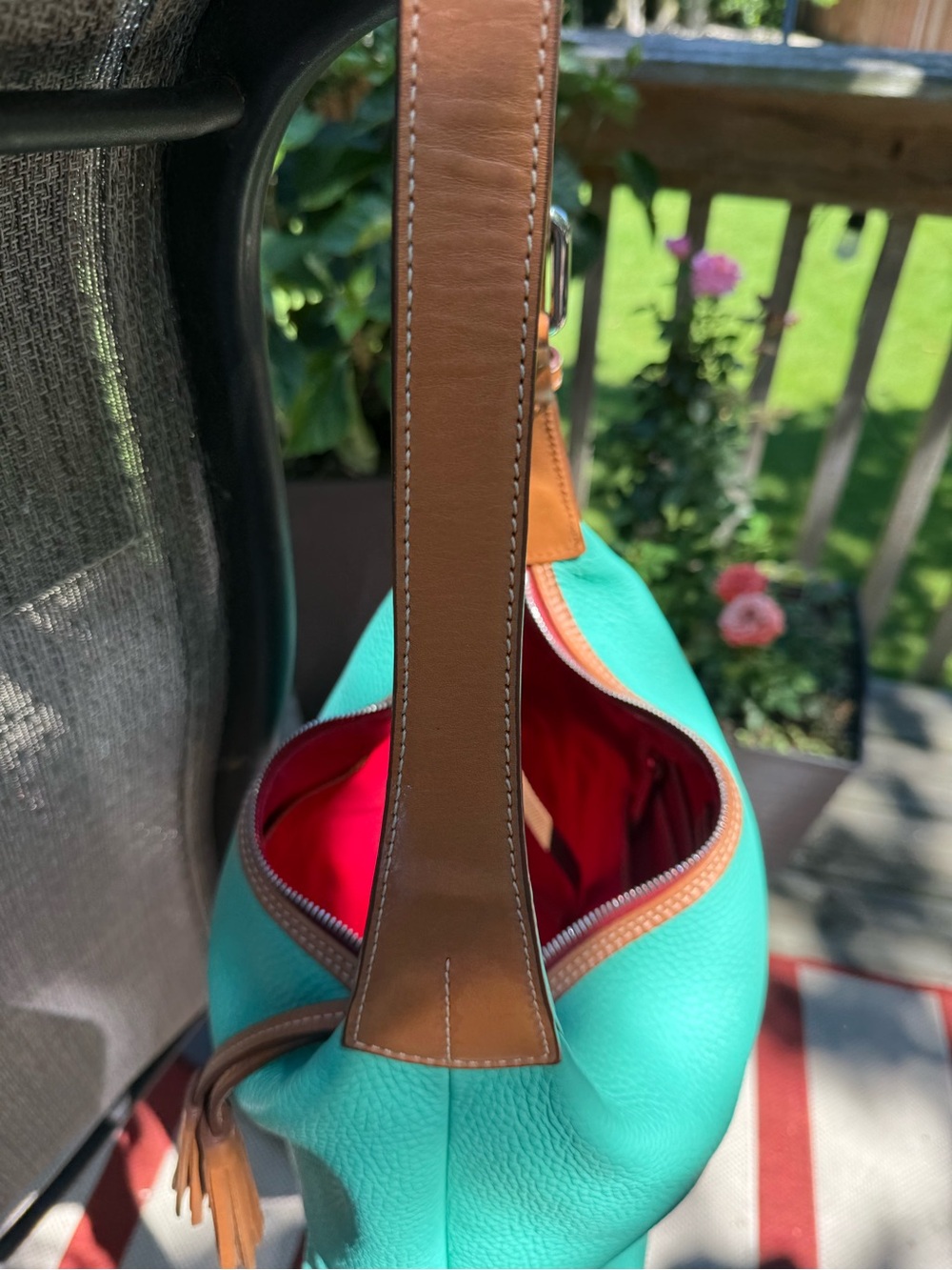 Dooney & Bourke Turquoise Pebbled Leather Shoulder Hobo bag w/ Tan Trim Tassel - Picture 6 of 16